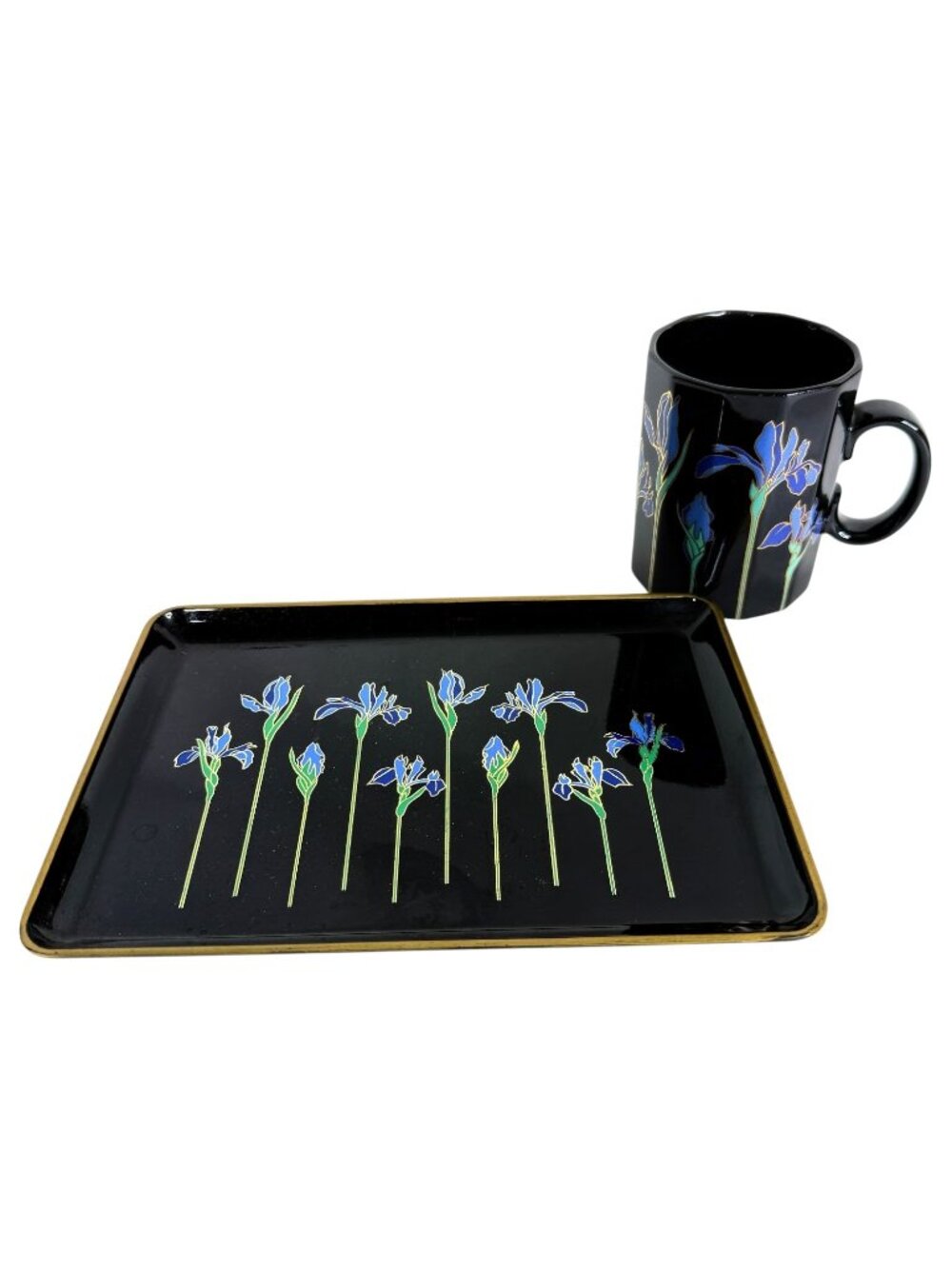 Otagiri Blue Iris Mug And Laquerware Tray Black Gold 12 Sided Coffee Cup Japan